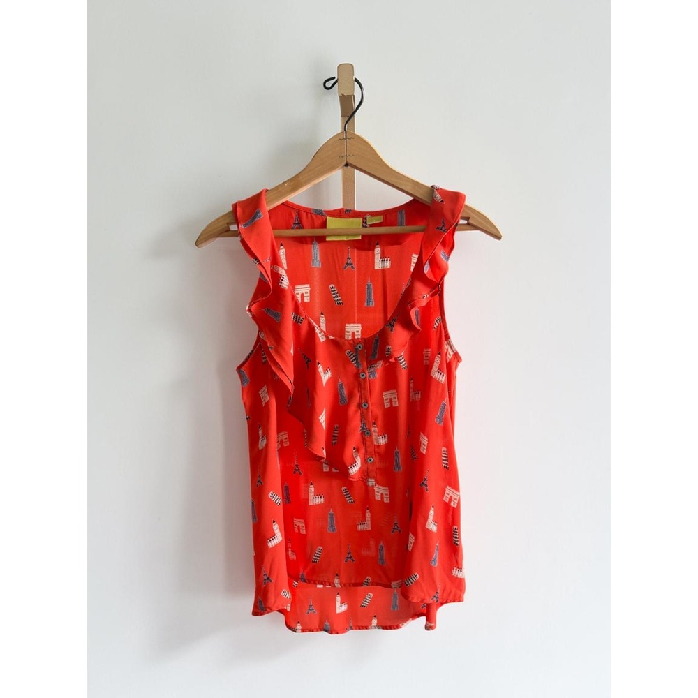 Maeve Anthropologie Red Landmark Print Ruffle V-Neck Sleeveless Blouse Size 2